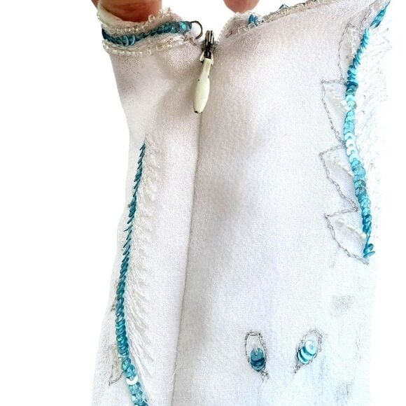 Beaded Sequin White Top S  Sleeveless Blue Turquoise 90s India Sirenscape - Picture 7 of 11